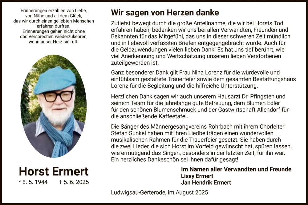  Traueranzeige für Horst Ermert vom 02.08.2025 aus HZHNA