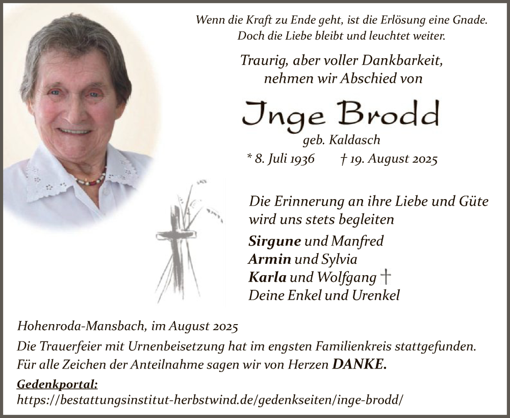 Traueranzeige für Inge Brodd vom 30.08.2025 aus HZ
