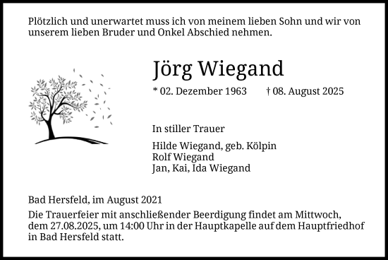 Traueranzeige von Jörg Wiegand von HZ
