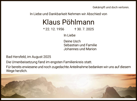 Traueranzeige von Klaus Pöhlmann von HZ
