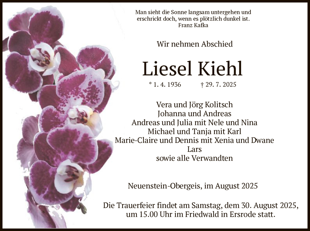  Traueranzeige für Liesel Kiehl vom 28.08.2025 aus HZ