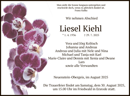 Traueranzeige von Liesel Kiehl von HZ
