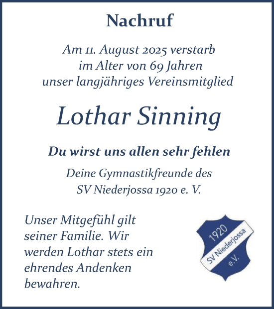Traueranzeige von Lothar Sinning von HZ