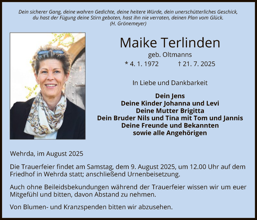  Traueranzeige für Maike Terlinden vom 02.08.2025 aus HZHN