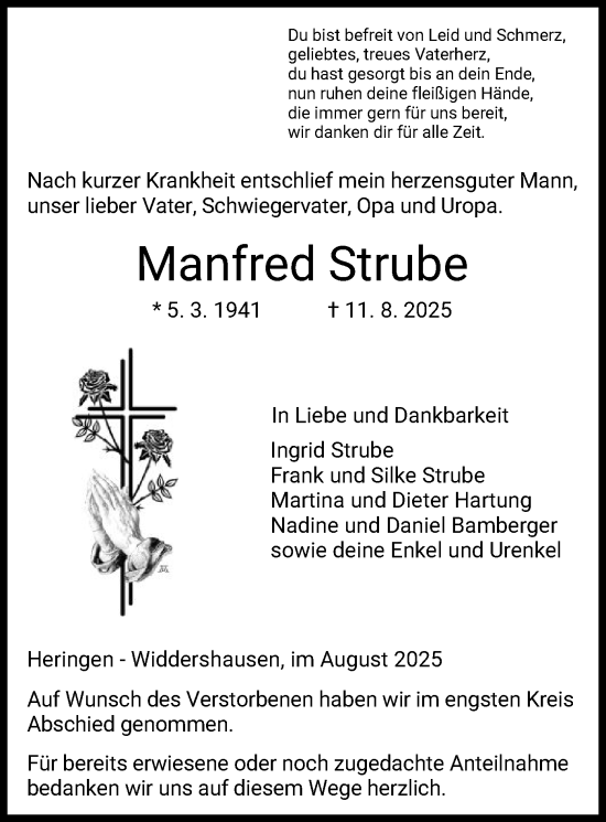 Traueranzeige von Manfred Strube von HZ