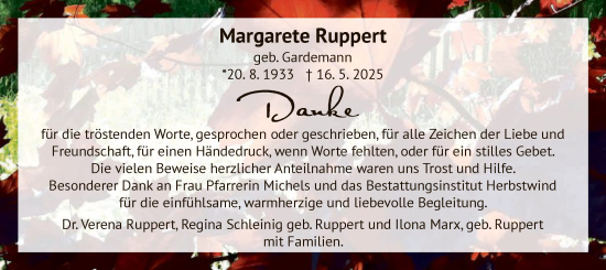 Traueranzeige von Margarete Ruppert von HZ