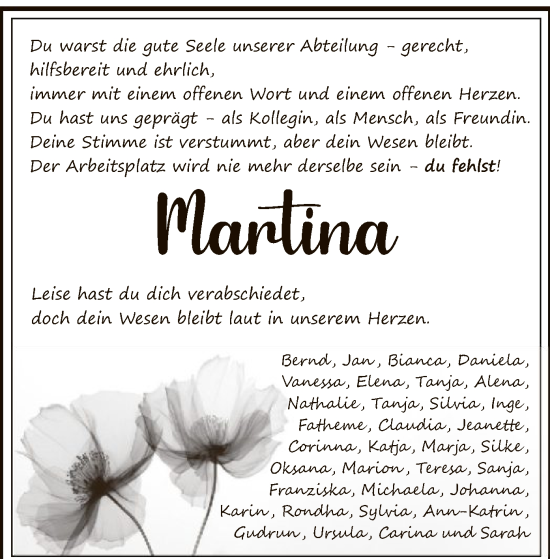 Traueranzeige von Martina  von HZ