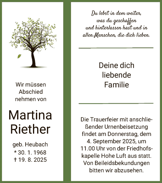 Traueranzeige von Martina Riether von HZ
