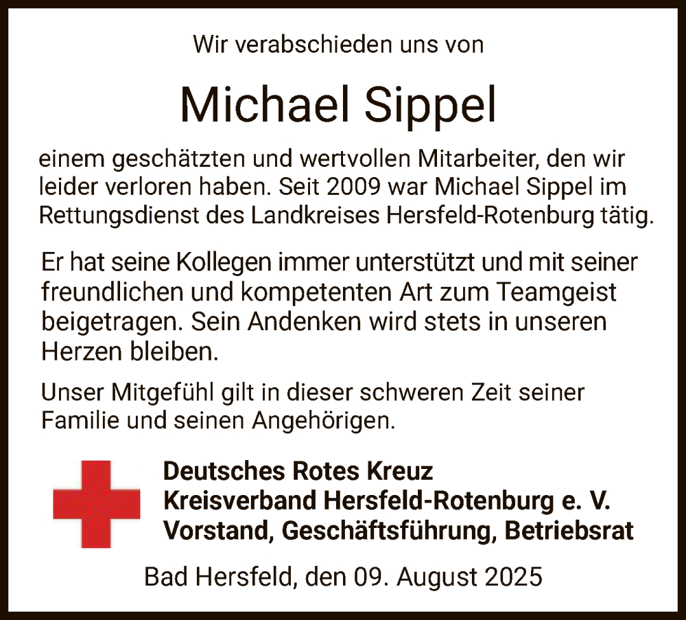  Traueranzeige für Michael Sippel vom 09.08.2025 aus HZ