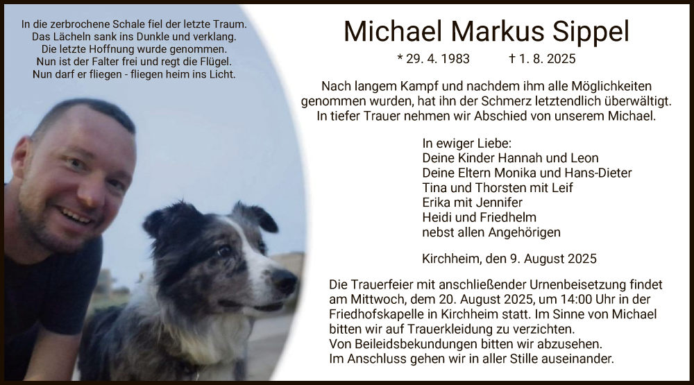  Traueranzeige für Michael Markus Sippel vom 09.08.2025 aus HZHN