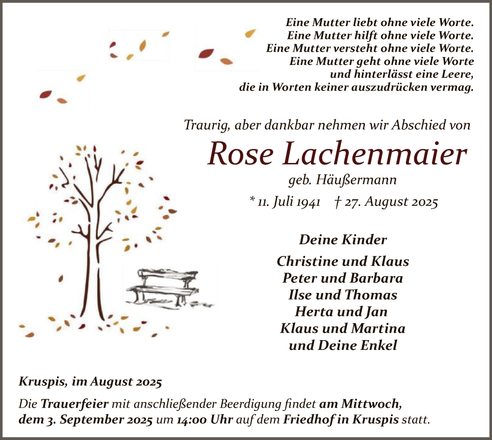  Traueranzeige für Rose Lachenmaier vom 30.08.2025 aus HZ