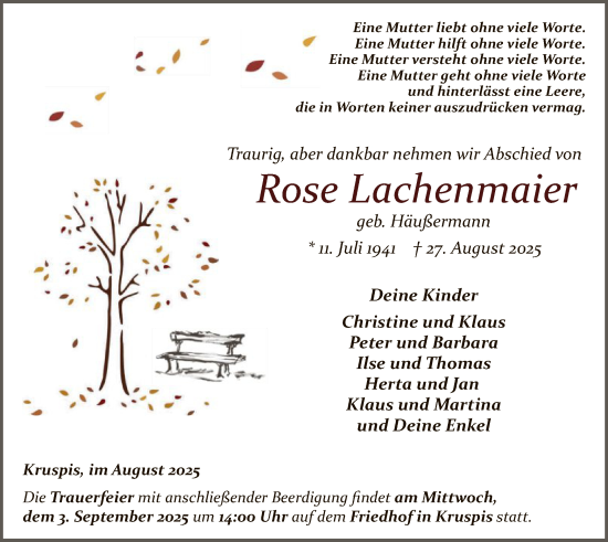 Traueranzeige von Rose Lachenmaier von HZ