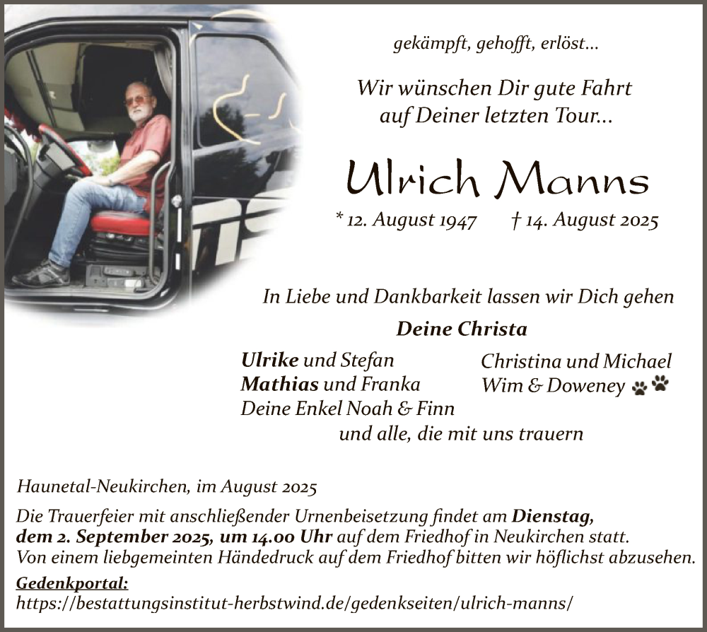  Traueranzeige für Ulrich Manns vom 30.08.2025 aus HZ