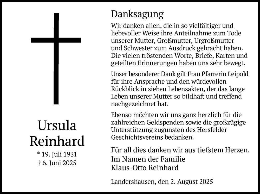  Traueranzeige für Ursula Reinhard vom 02.08.2025 aus HZ