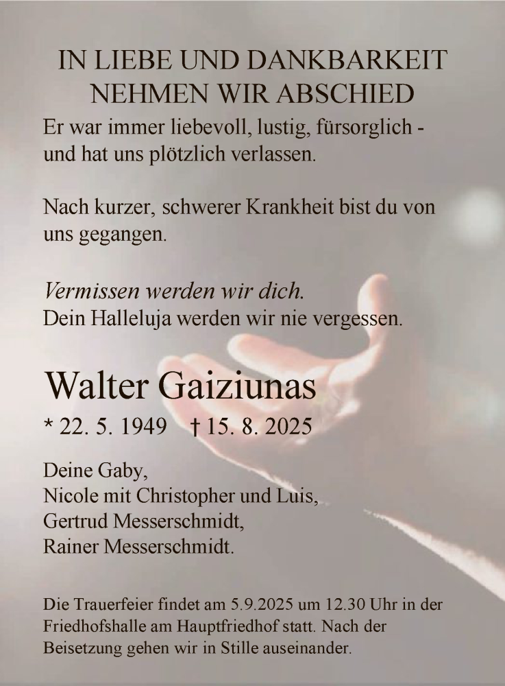  Traueranzeige für Walter Gaiziunas vom 30.08.2025 aus HZHN