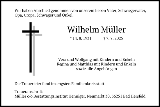 Traueranzeige von Wilhelm Müller von HZ