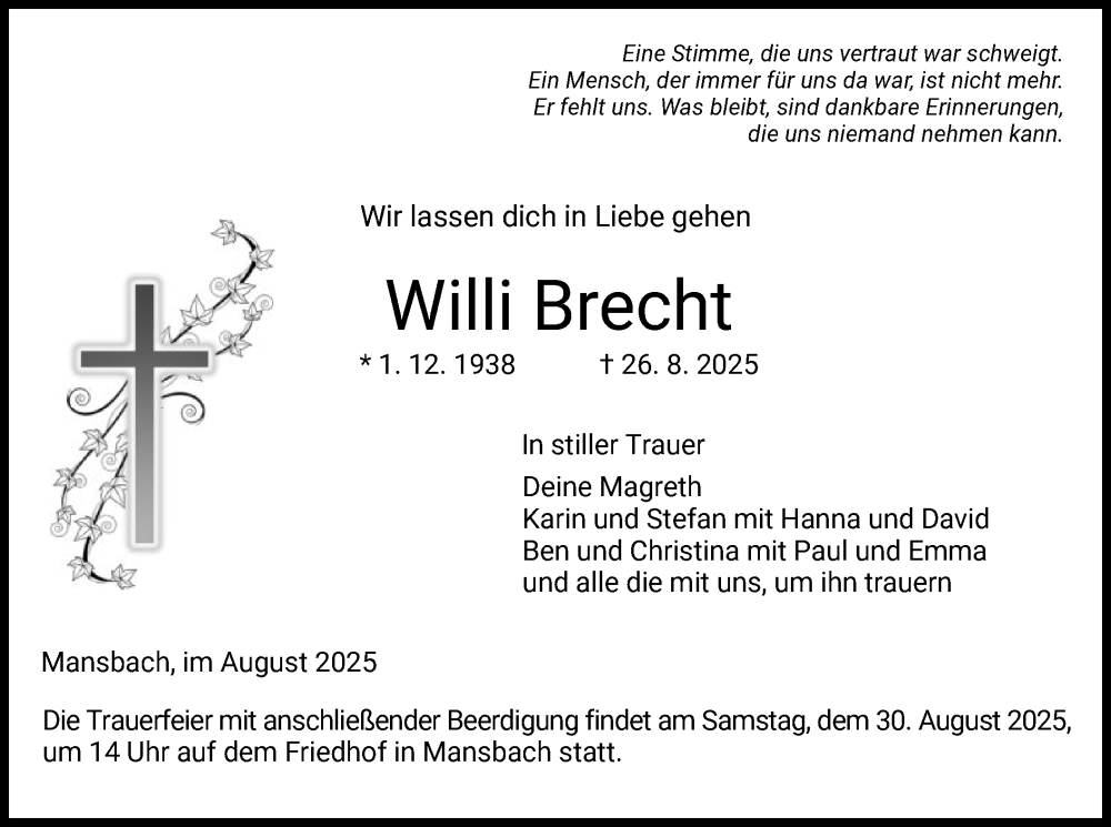  Traueranzeige für Willi Brecht vom 29.08.2025 aus HZ