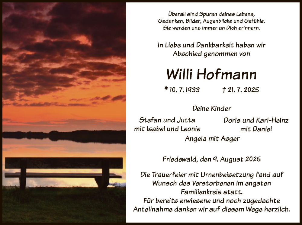  Traueranzeige für Willi Hofmann vom 09.08.2025 aus HZ