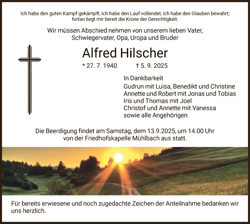  Traueranzeige für Alfred Hilscher vom 11.09.2025 aus HZ