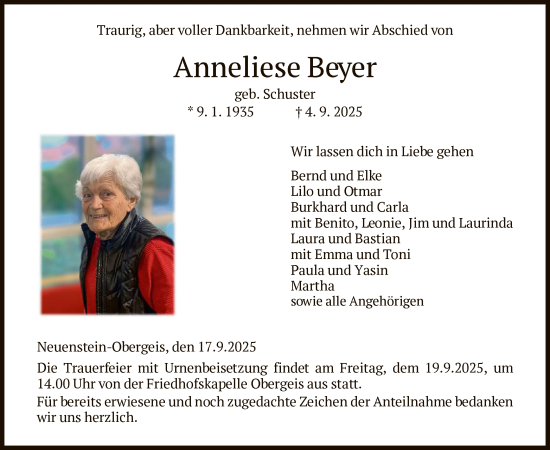 Traueranzeige von Anneliese Beyer von HZ
