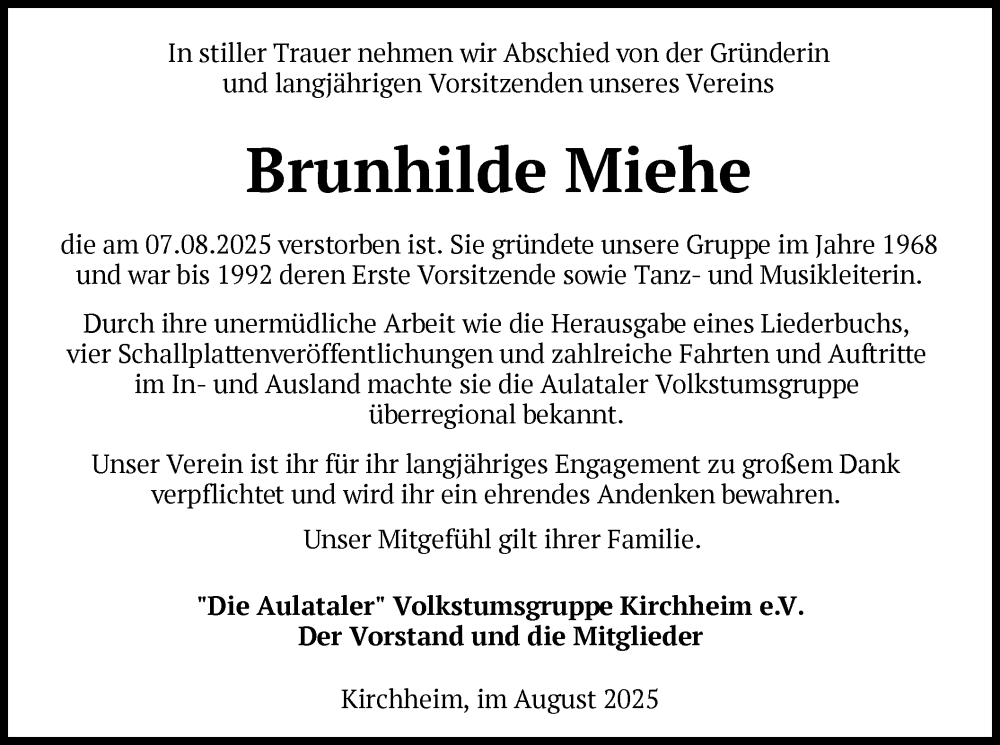  Traueranzeige für Brunhilde Miehe vom 03.09.2025 aus HZ