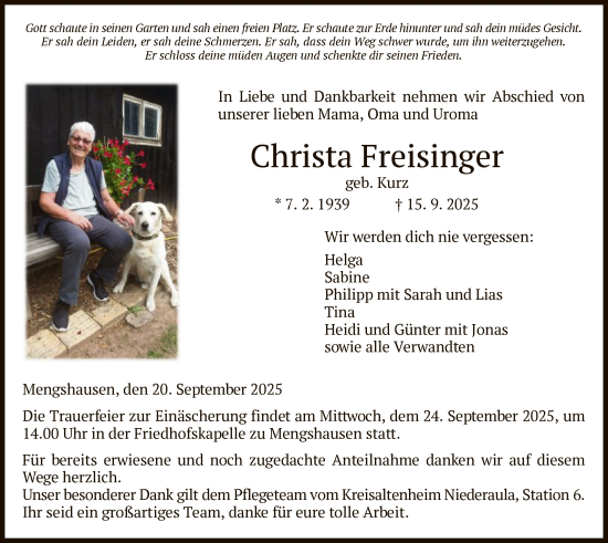 Traueranzeige von Christa Freisinger von HZ