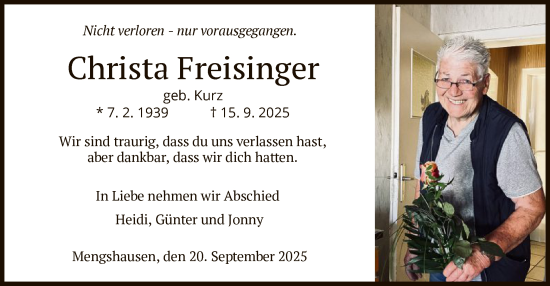 Traueranzeige von Christa Freisinger von HZ
