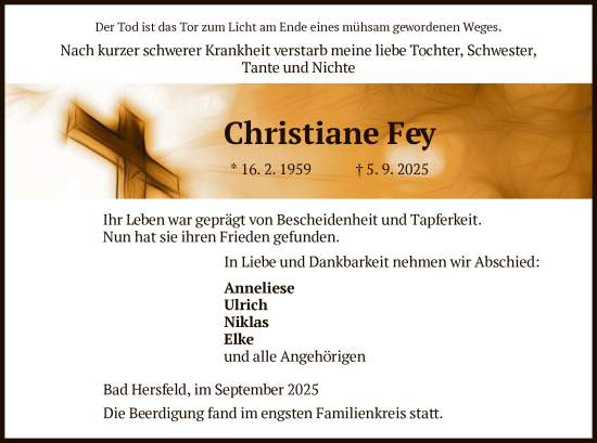 Traueranzeige von Christiane Fey von HZ