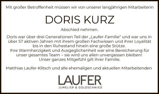 Traueranzeige von Doris Kurz von HZ