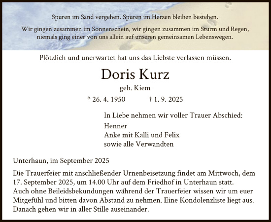 Traueranzeige von Doris Kurz von HZ