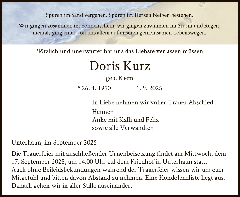  Traueranzeige für Doris Kurz vom 13.09.2025 aus HZ