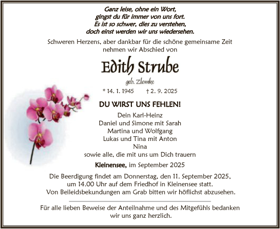 Traueranzeige von Edith Strube von HZ
