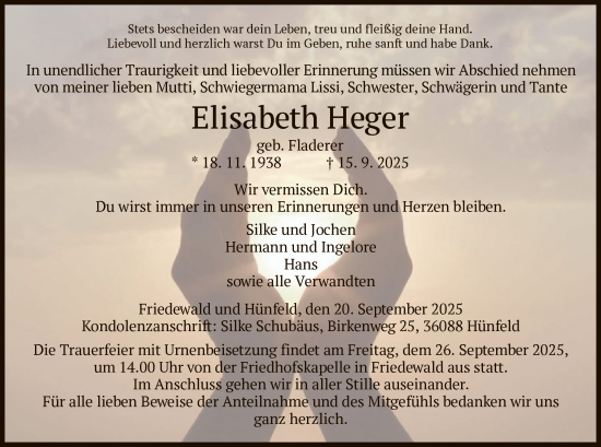 Traueranzeige von Elisabeth Heger von HZ