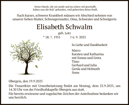 Traueranzeige von Elisabeth Schwalm von HZ