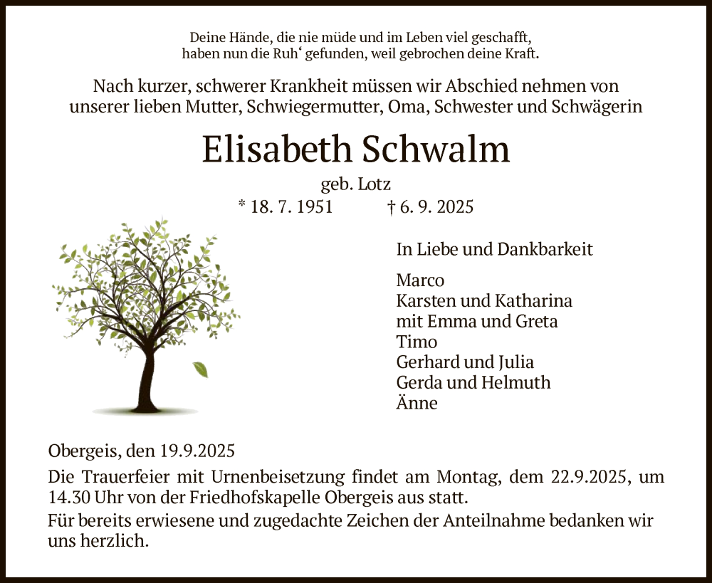  Traueranzeige für Elisabeth Schwalm vom 19.09.2025 aus HZ