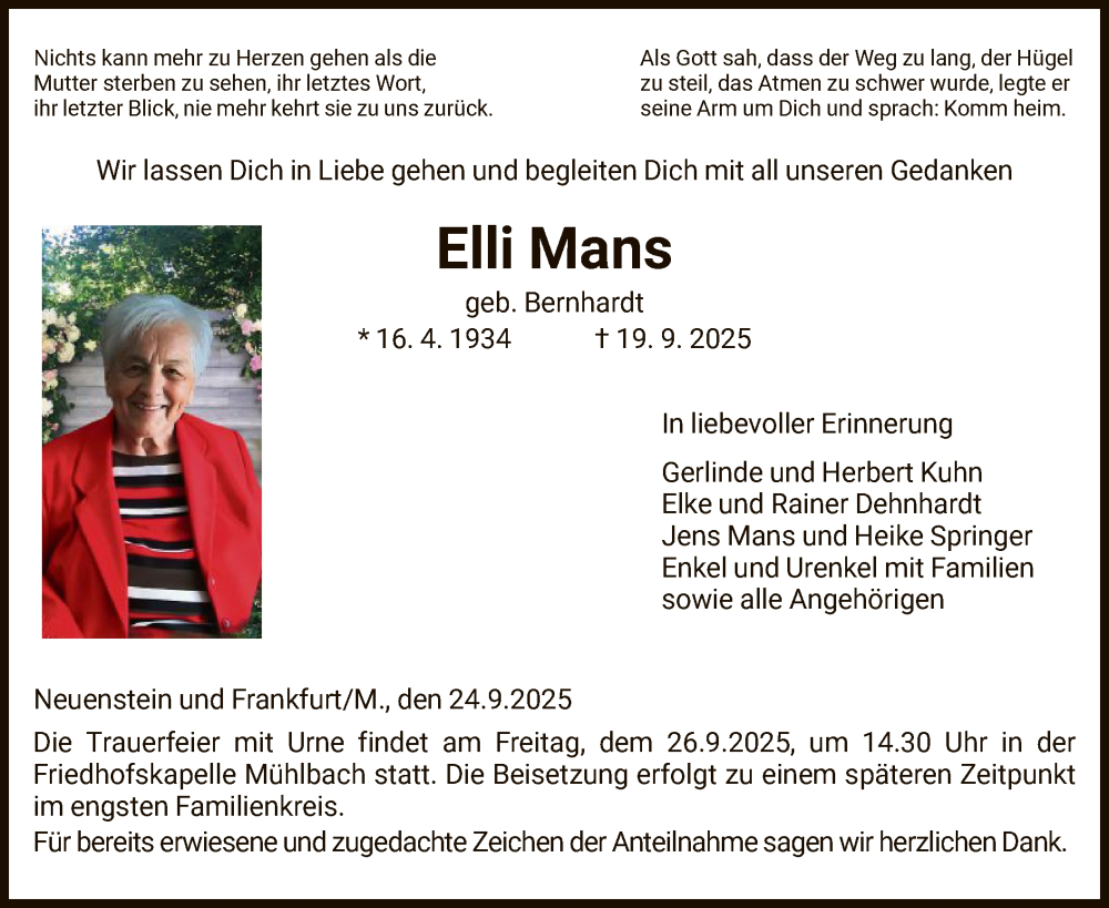  Traueranzeige für Elli Mans vom 24.09.2025 aus HZ
