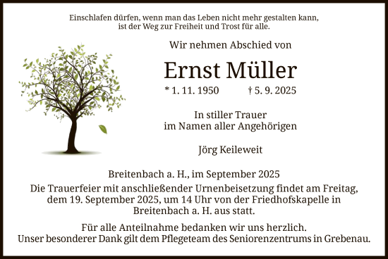 Traueranzeige von Ernst Müller von HZ