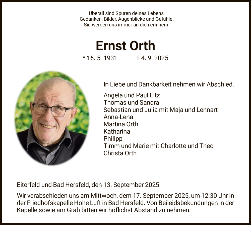  Traueranzeige für Ernst Orth vom 13.09.2025 aus HZ