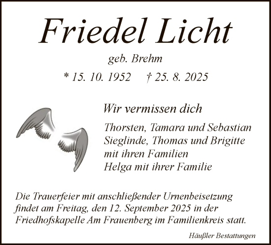 Traueranzeige von Friedel Licht von HZ
