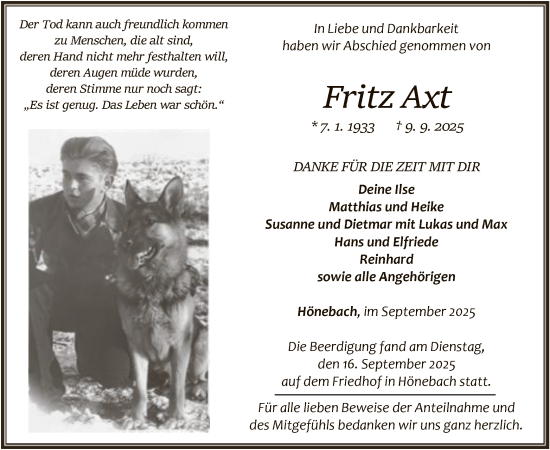 Traueranzeige von Fritz Axt von HZ