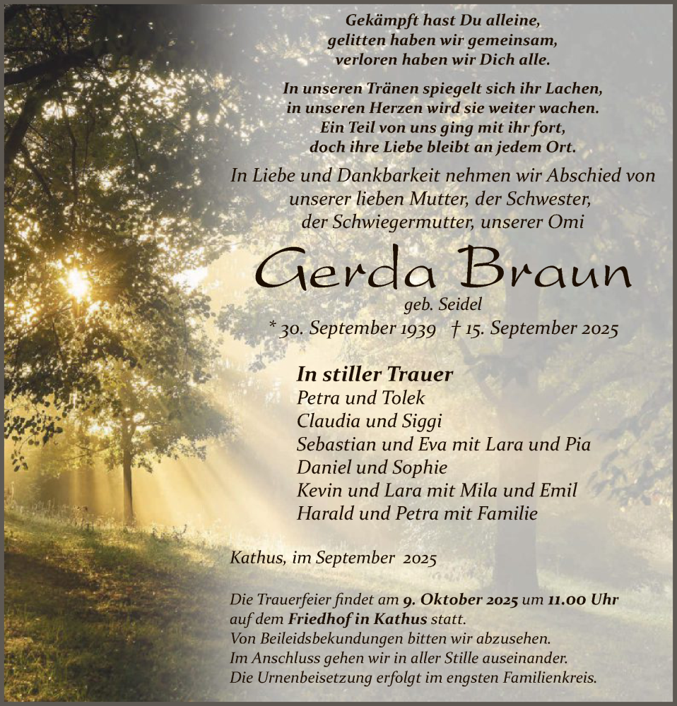  Traueranzeige für Gerda Braun vom 27.09.2025 aus HZ