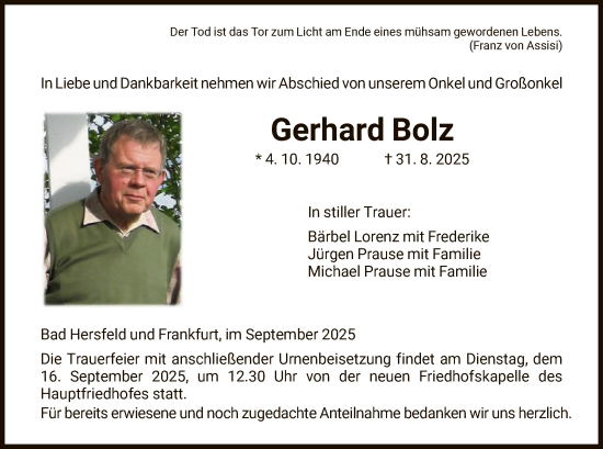 Traueranzeige von Gerhard Bolz von HZ
