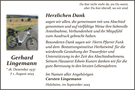 Traueranzeige von Gerhard Lingemann von HZ