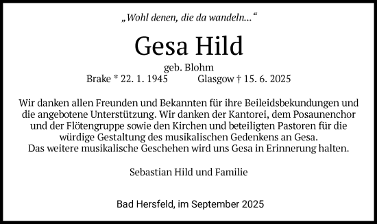 Traueranzeige von Gesa Hild von HZ