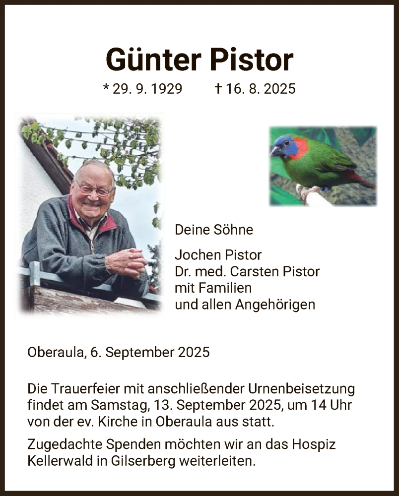  Traueranzeige für Günter Pistor vom 06.09.2025 aus HNAHZ