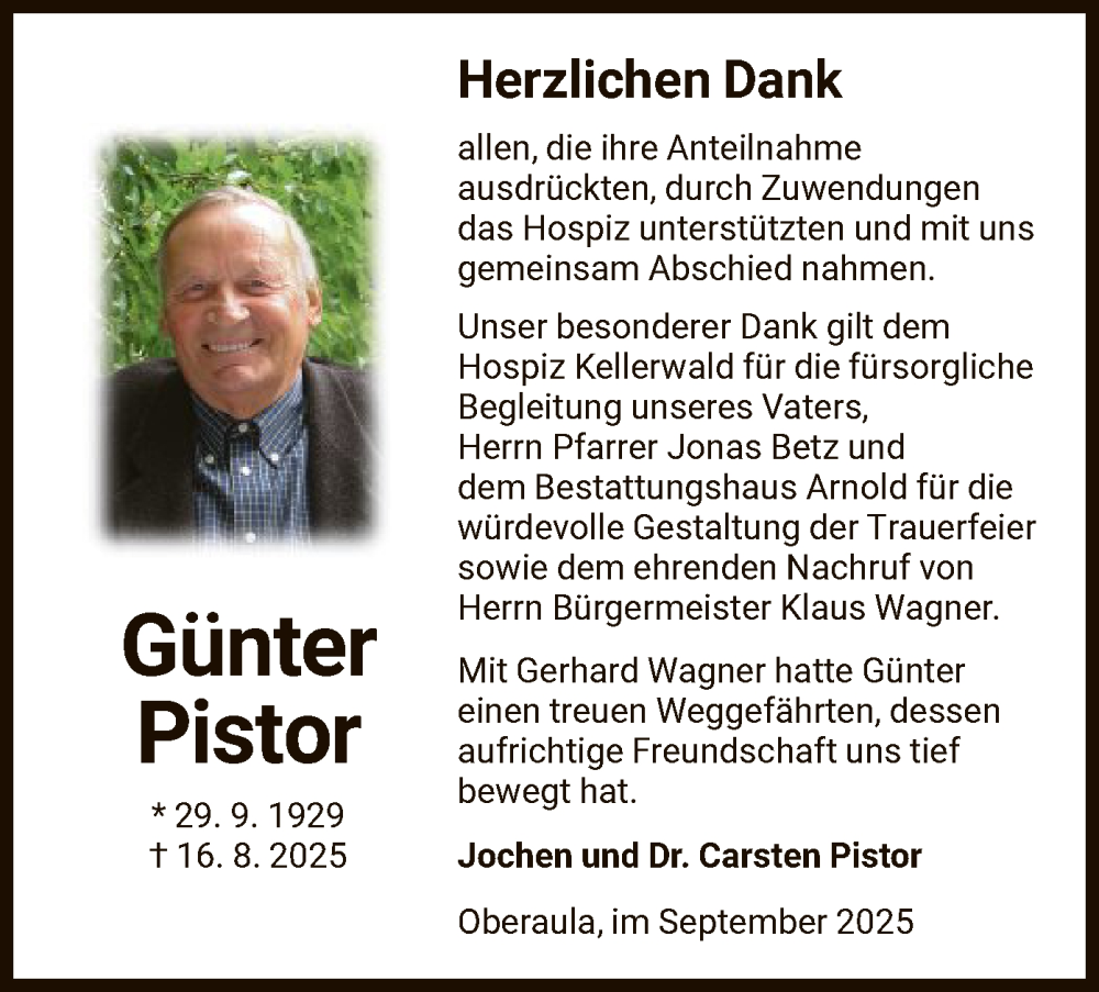  Traueranzeige für Günter Pistor vom 27.09.2025 aus HNAHZ