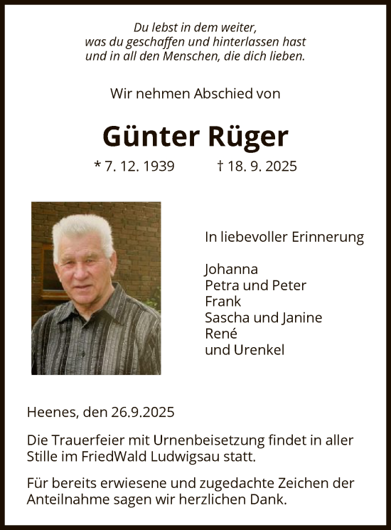 Traueranzeige von Günter Rüger von HZ