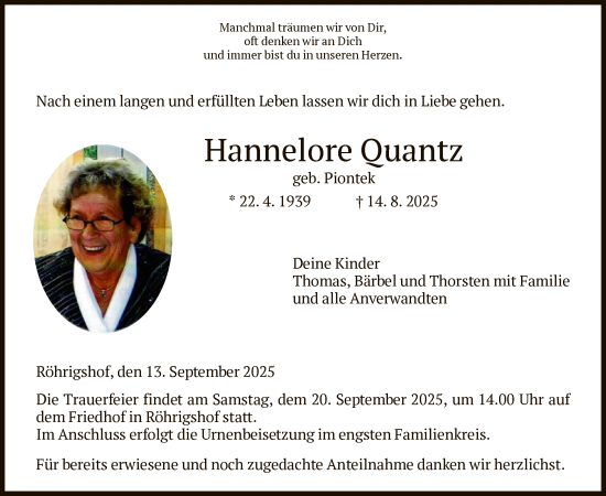 Traueranzeige von Hannelore Quantz von HZHN