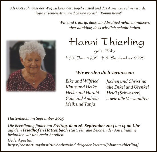 Traueranzeige von Hanni Thierling von HZ