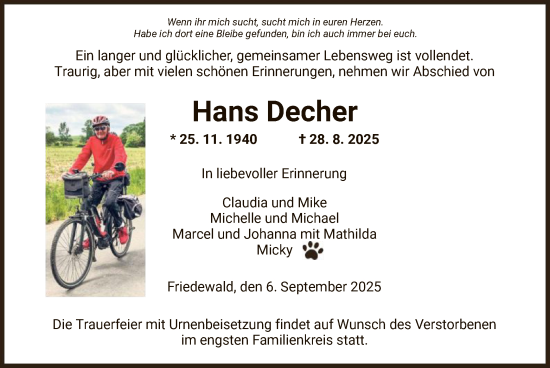 Traueranzeige von Hans Decher von HZ